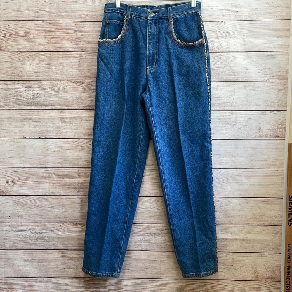 VINTAGE ZANADI BEADED AND EMBROIDERED HIGH RISE JEANS‎